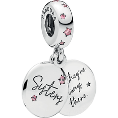 Forever sisters silver hanging charm with pink cubic zirconia