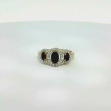 Load and play video in Gallery viewer, 9CT Yellow Gold Black Sapphire and Diamond Ring
