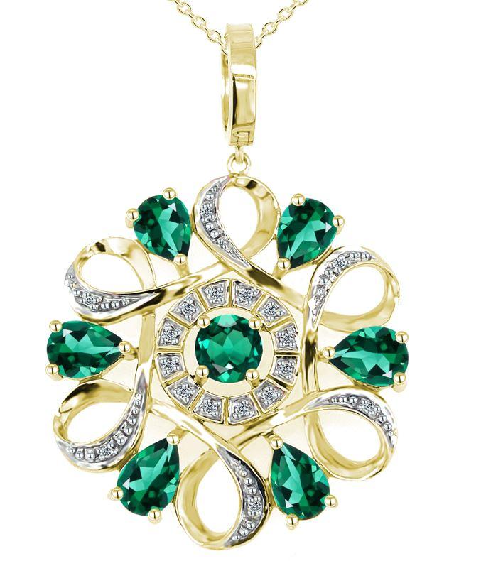 9CT Yellow Gold Created Emerald and Diamond Pendant