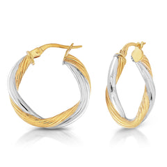 9ct Yellow Gold & Sterling Silver Bonded Twisted Hoop Earrings