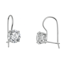 Load image into Gallery viewer, Pair of silver earrings with clear gemstones on a white background
