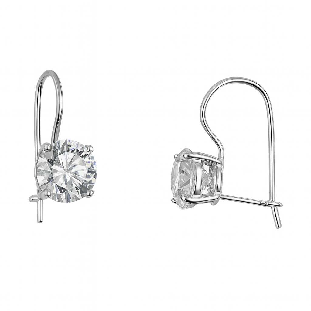 Pair of silver earrings with clear gemstones on a white background