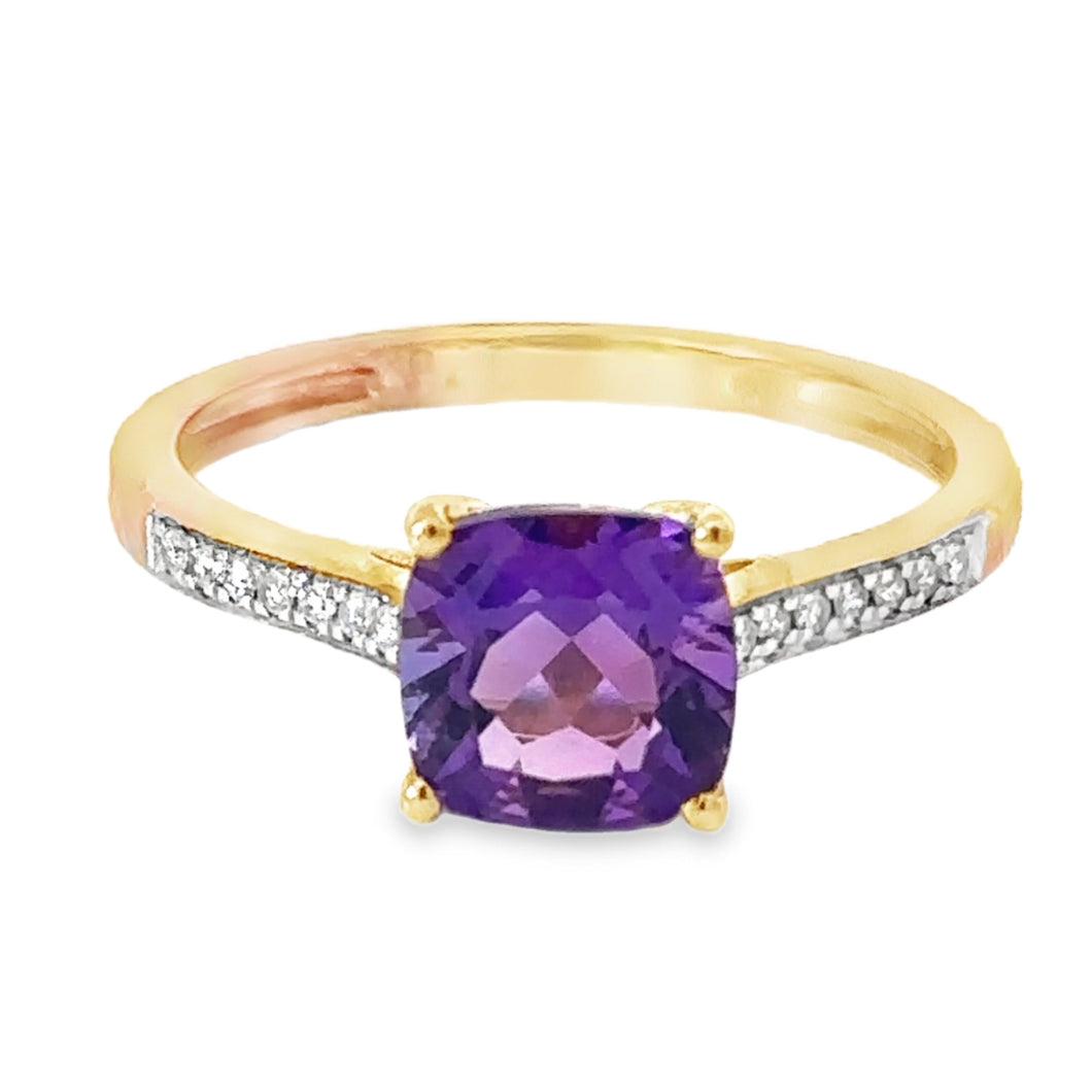 9CT Yellow Gold Amethyst and Diamond Ring