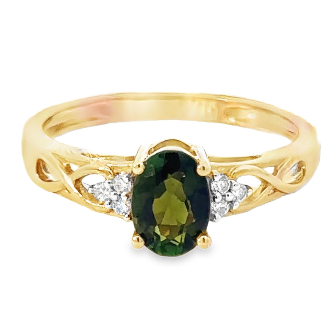 9CT Green Tourmaline and Diamond Ring