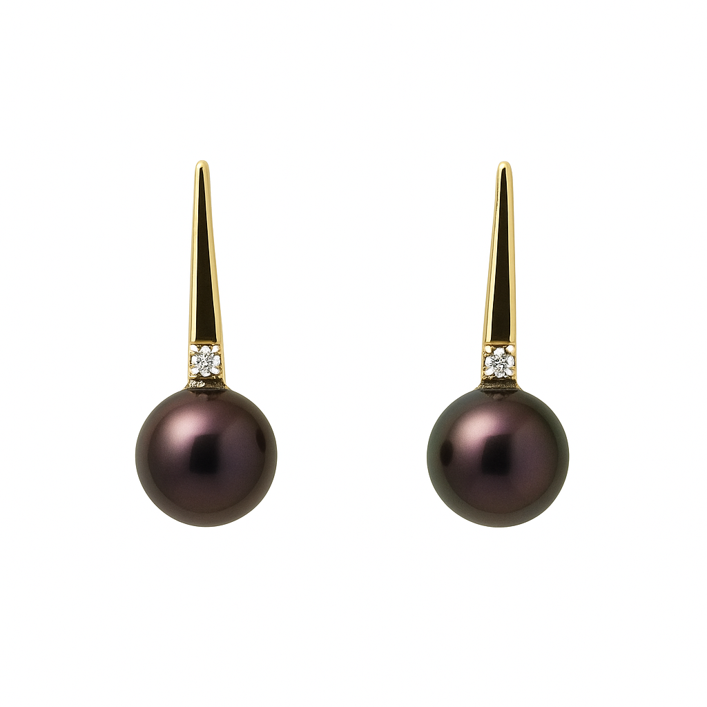9CT Yellow Gold Black Pearl & Diamond Stud Earrings