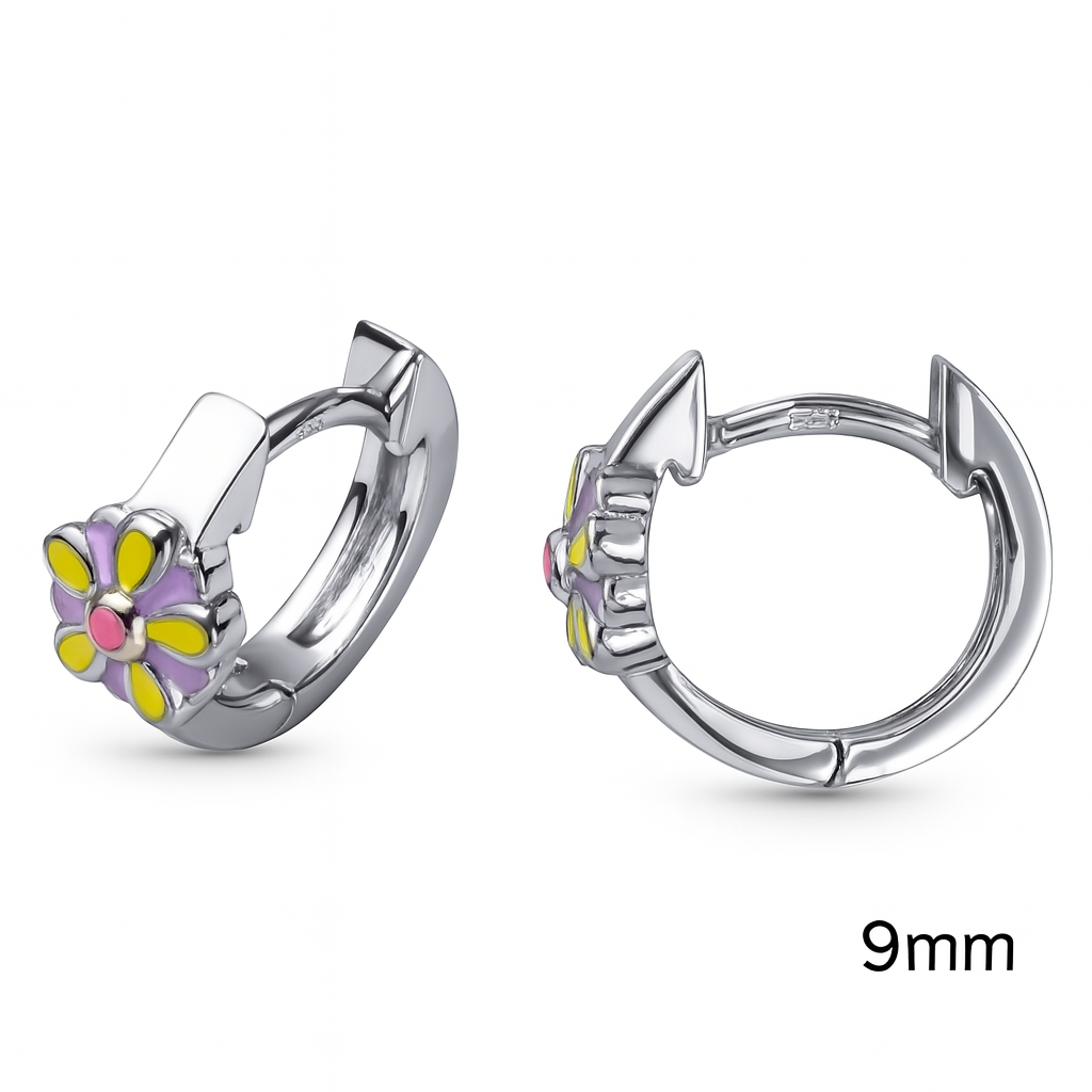 9mm Sterling Silver Daisy Huggies – Colourful Enamel Flower