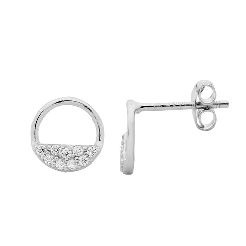 Silver earring with small diamonds on a white background