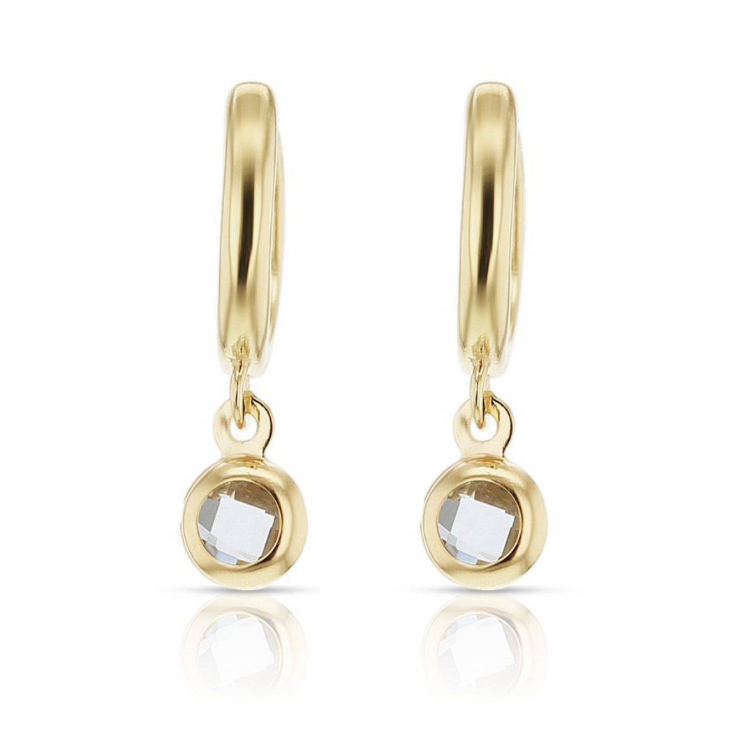 9ct Yellow Gold 8MM Huggies with White Quartz Drop